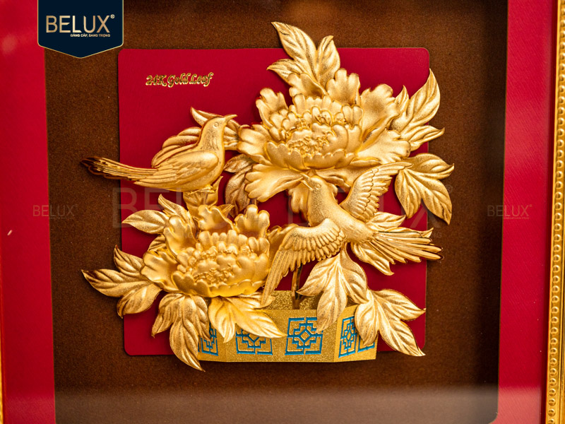 Tranh Đôi Chim Hỷ Tước Mẫu Đơn Dát Vàng 24k- 24x24 cm